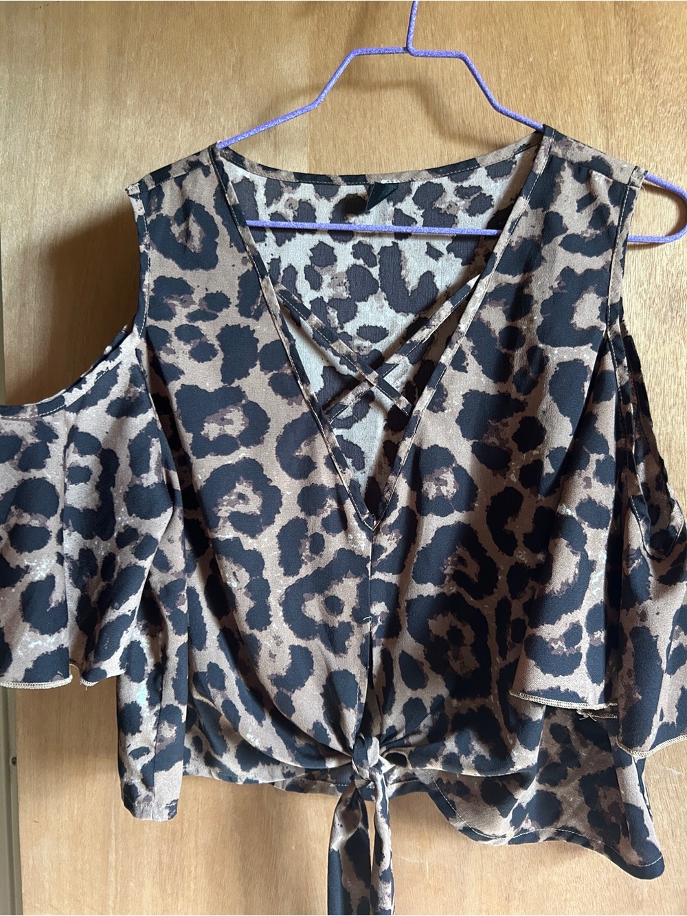 SHEIN Leopard Cold-Shoulder Tie-Front Blouse - Brown/Black